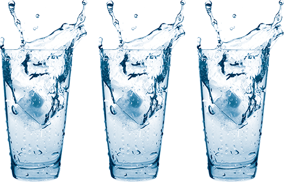 Three glasses with water and ice cubes