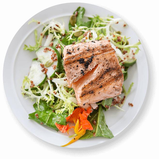 Plate with grilled salmon and salad with lemon mustard vinaigrette