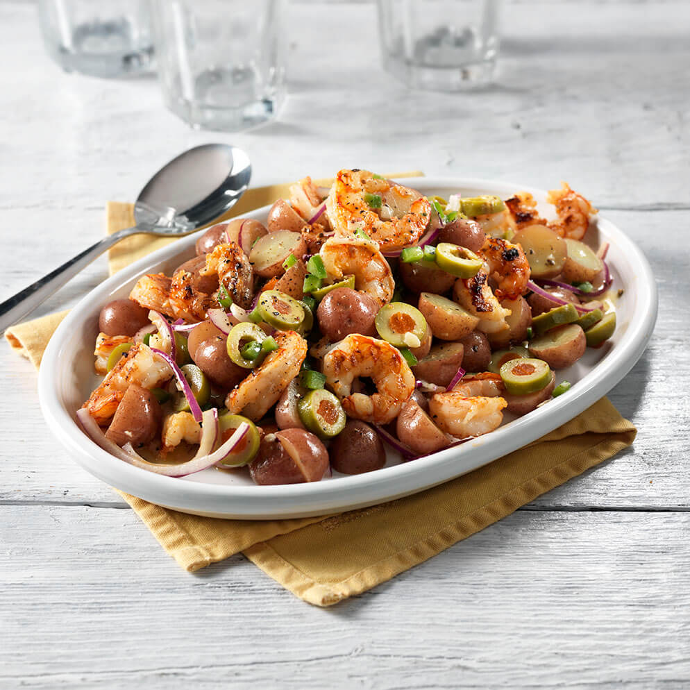  Recette avec du ReaLemon : Salade de crevettes grillées et de pommes de terre dans un bol 