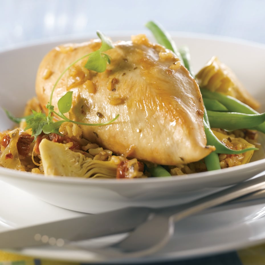 Poulet au citron avec riz et haricots verts