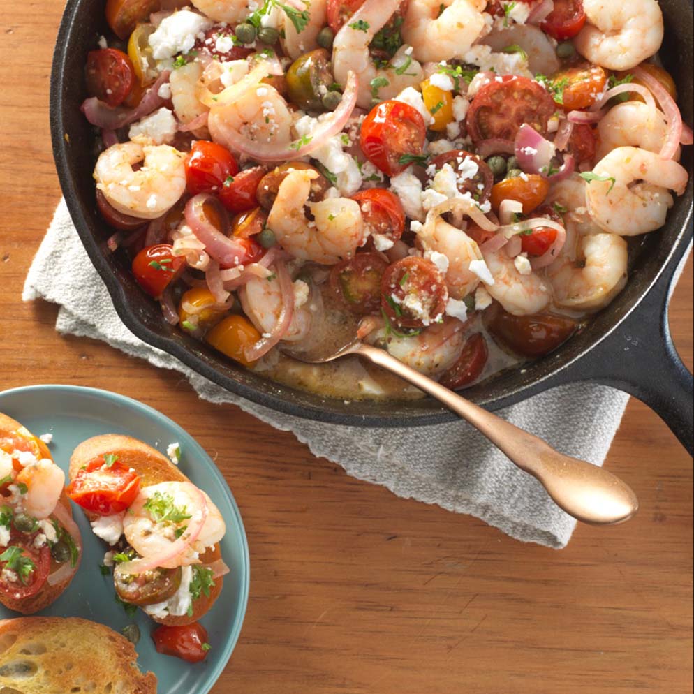  Lemon Roasted Tomatoes, Shrimp & Feta appetizer in skillet recipe made with ReaLemon 