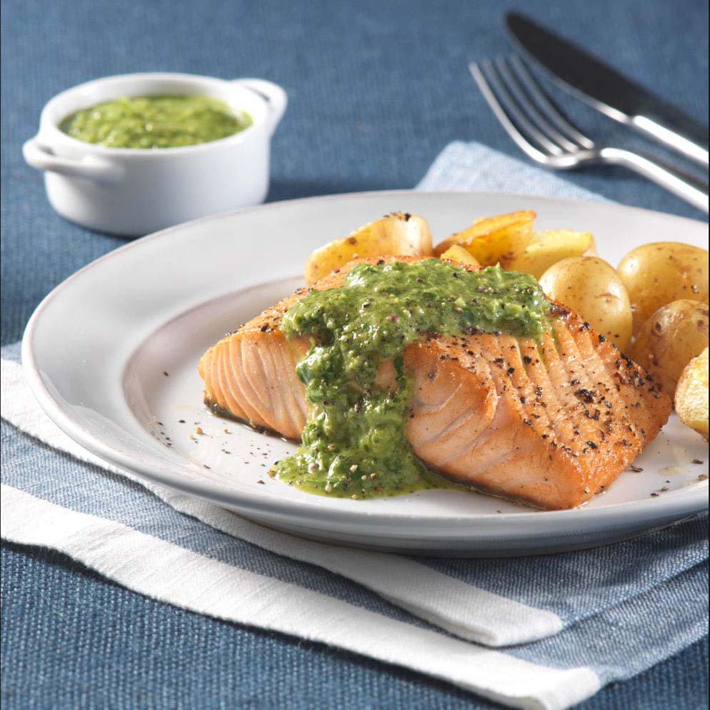  Lemon Salsa Verde drizzed over grilled salmon recipe made with ReaLemon Flavour Infusions Garlic 