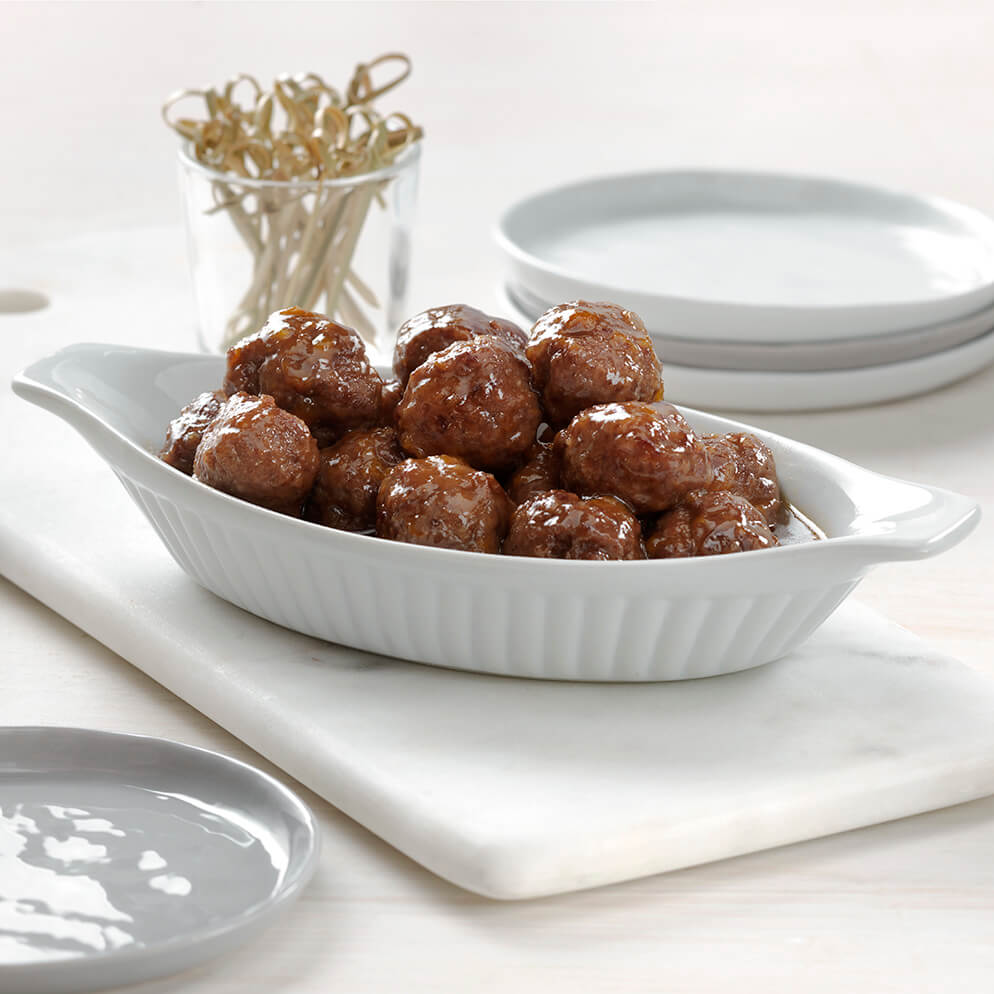 Sweet and Sour Meatballs on platter recipe made with ReaLemon